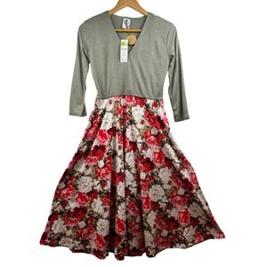 Agnes & Dora Curie Dress XS Green Floral Ribbed Midi NWT Cottagecore Made in USA